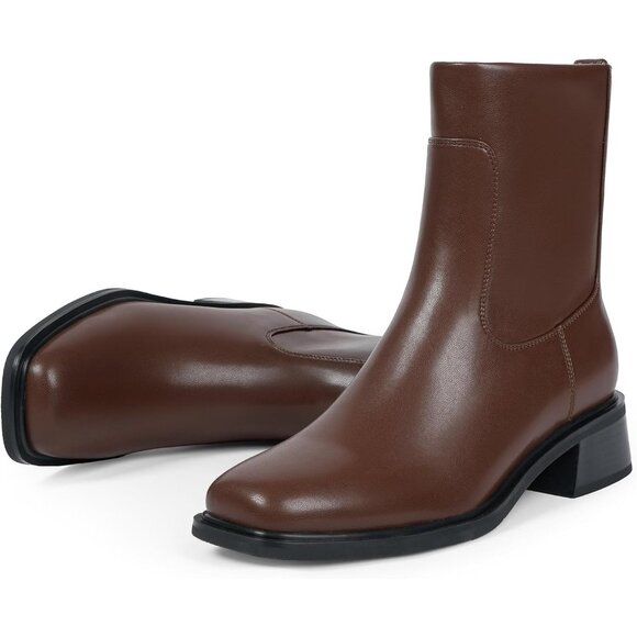 Women's Brown Low Heel Square Toe Chunky Short Boot Fall Boots with Side Zipper - Picture 6 of 7